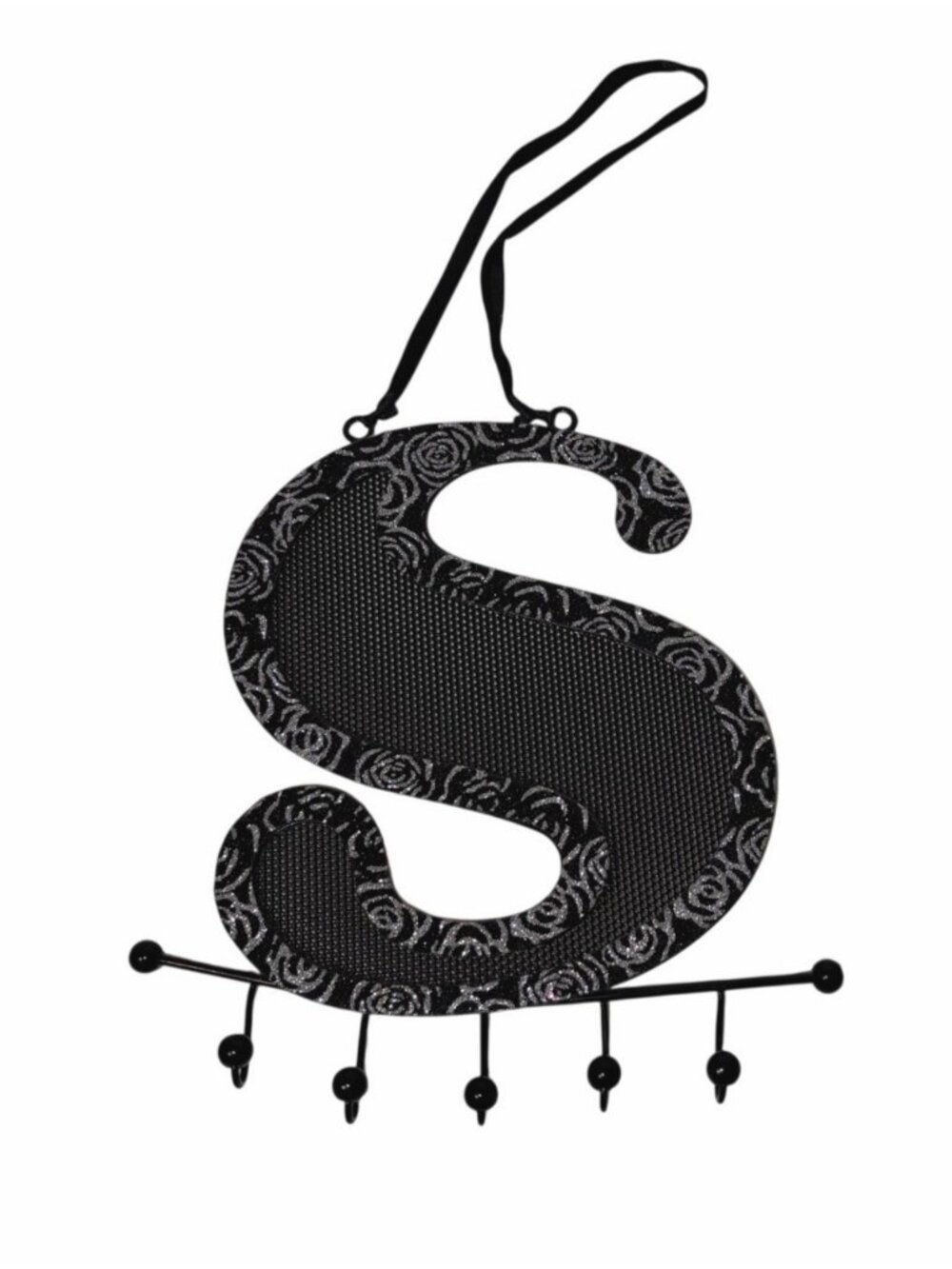 Black Silver Glitter Monogram S Jewelry Holder 6 Hooks And Hanging Strap